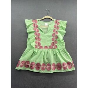 J.Marie Blouse Womens XS Green Embroidered Floral Tunic Ruffle Sleeveless V Neck